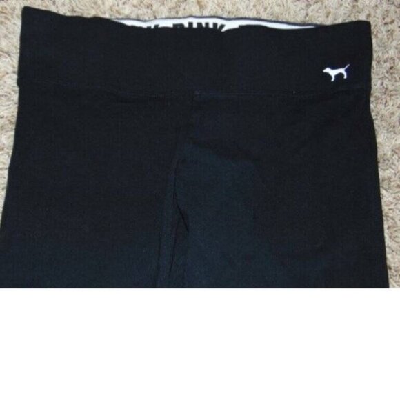 Womens Victorias Secret PINK Yoga Crop Pants Medium Black White Logo Strappy Leg - Picture 2 of 6